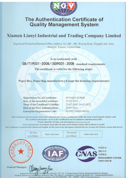 Chiny Lianyi International industrial and trading co.,Ltd Certyfikaty