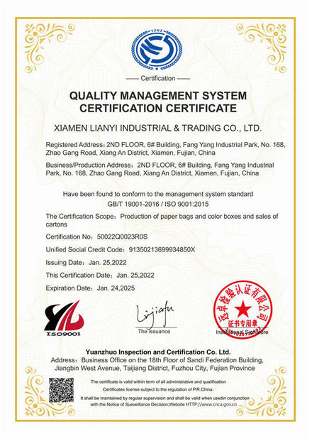 Chiny Lianyi International industrial and trading co.,Ltd Certyfikaty