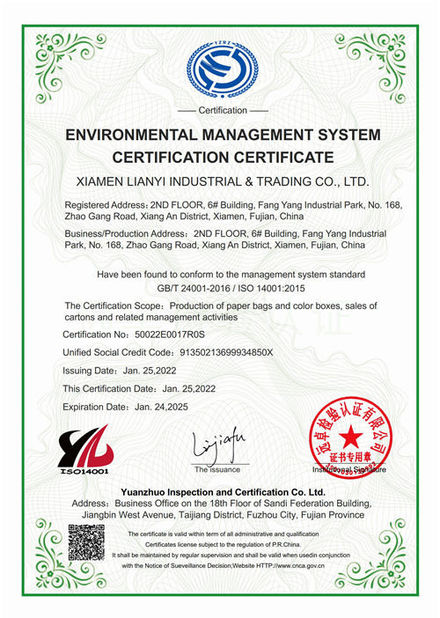 Chiny Lianyi International industrial and trading co.,Ltd Certyfikaty